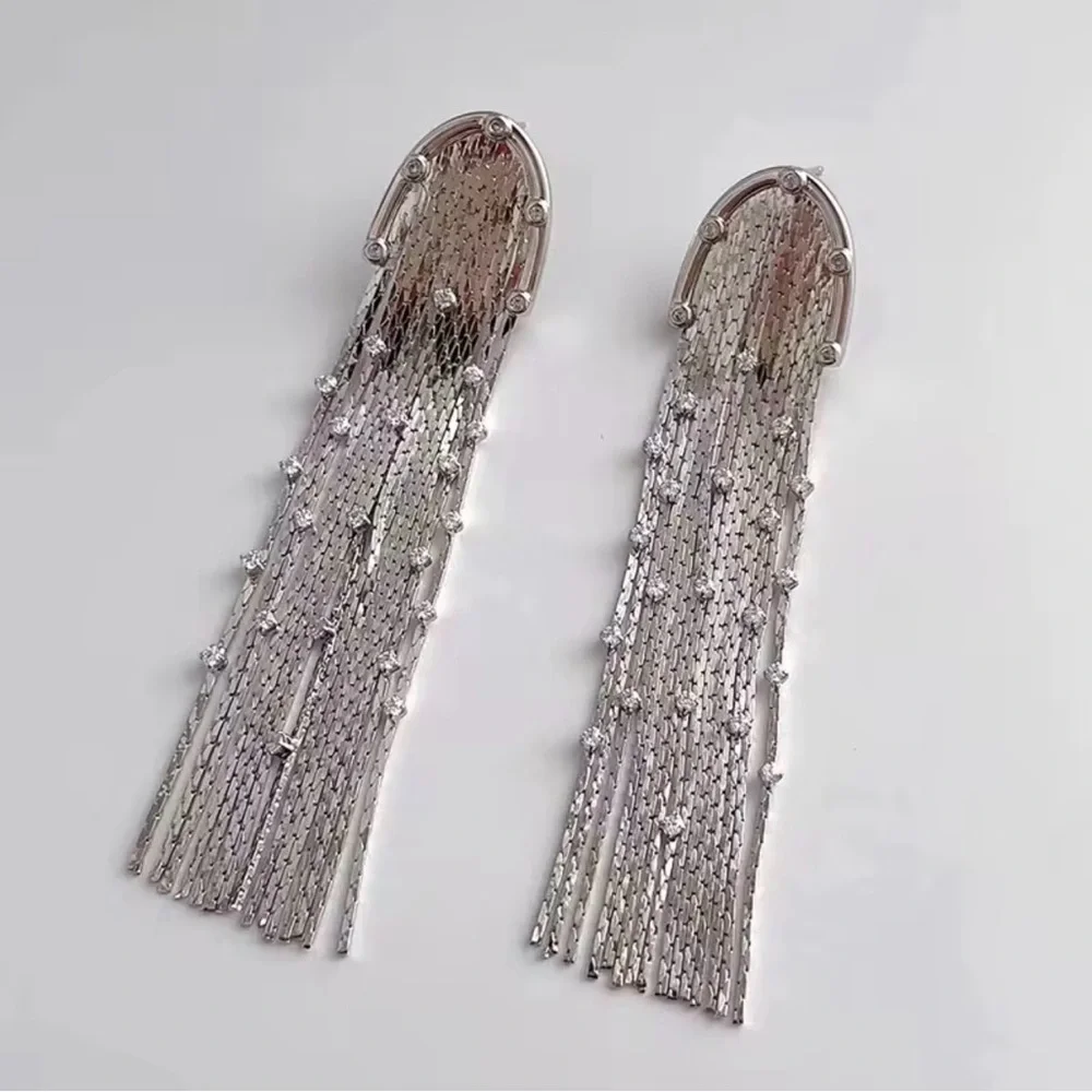 2/$30🌵 Long Arch Tassel Crystal Rhinestone Earrings Silver Tone Dangle Gift NEW